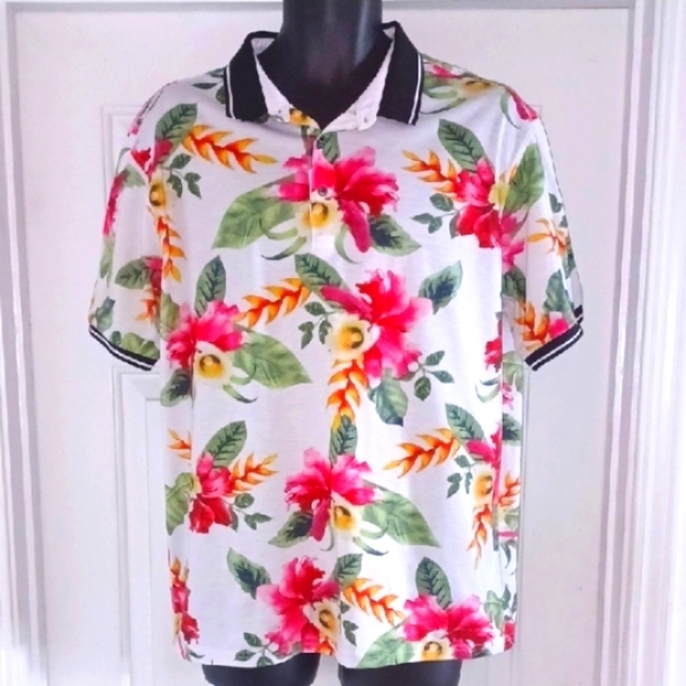 Fashion Nova Tropical Floral Print Polo Shirt, XL